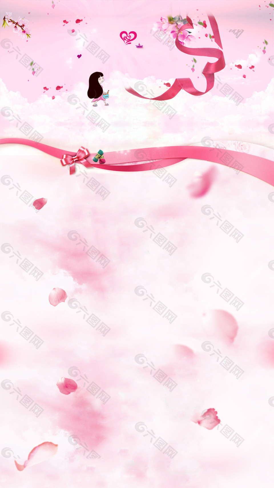 唯美粉色花瓣丝带H5背景素材