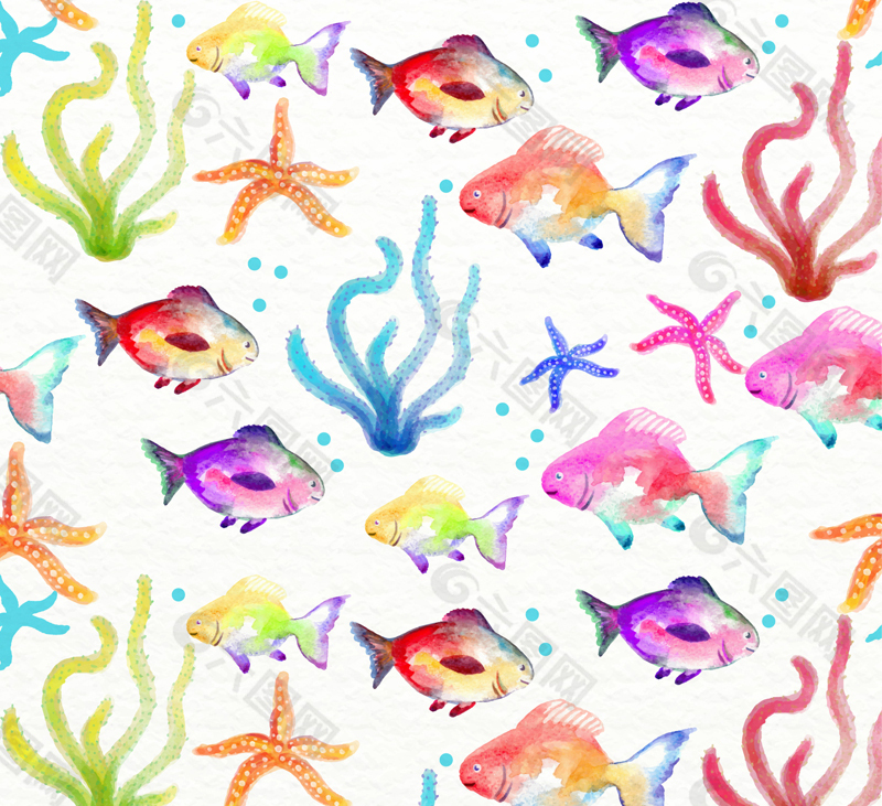 水彩绘水草海星和鱼无缝背景矢量