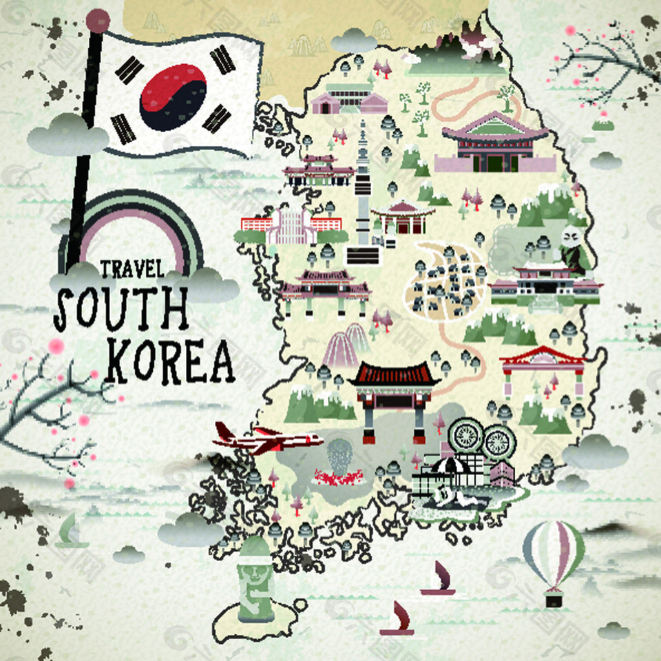韩国彩虹旅行地标美食手绘地图