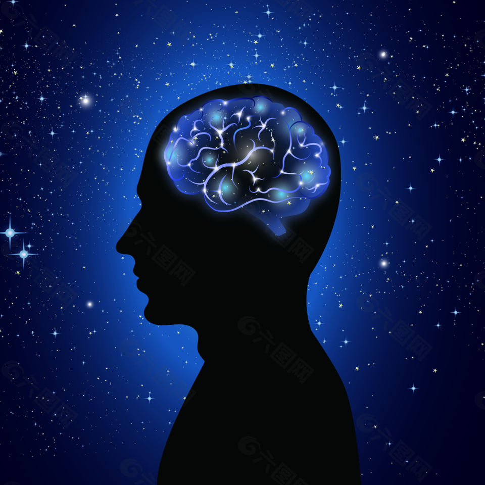 蓝色星空创意男子大脑设计矢量背景