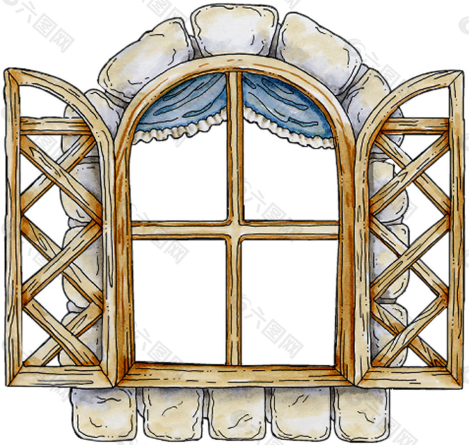 欧式拱形石材木质格子窗