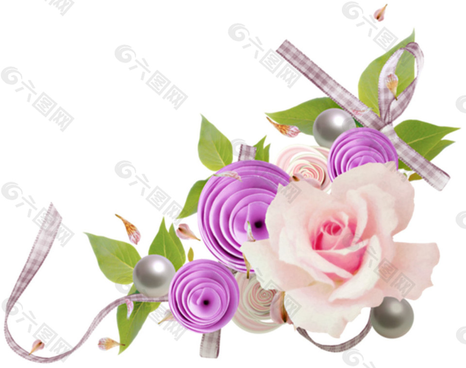 粉紫色花束藤蔓边角装饰图