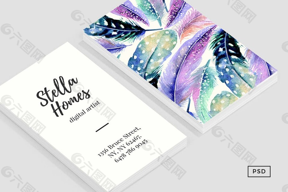 紫色叶子水彩国外创意名片卡片设计