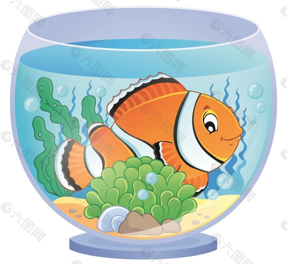 卡通可爱黄色金鱼鱼缸矢量素材