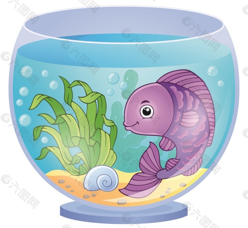紫色卡通可爱金鱼鱼缸矢量素材