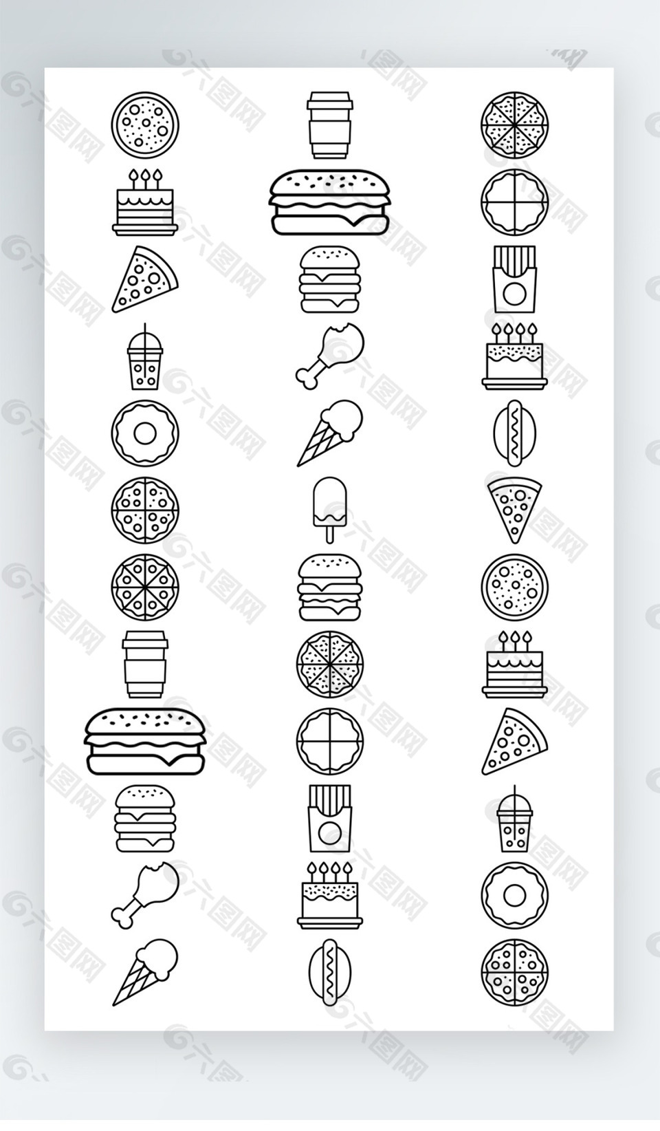 面食汉堡披萨食物图标黑白线稿图标素材AI