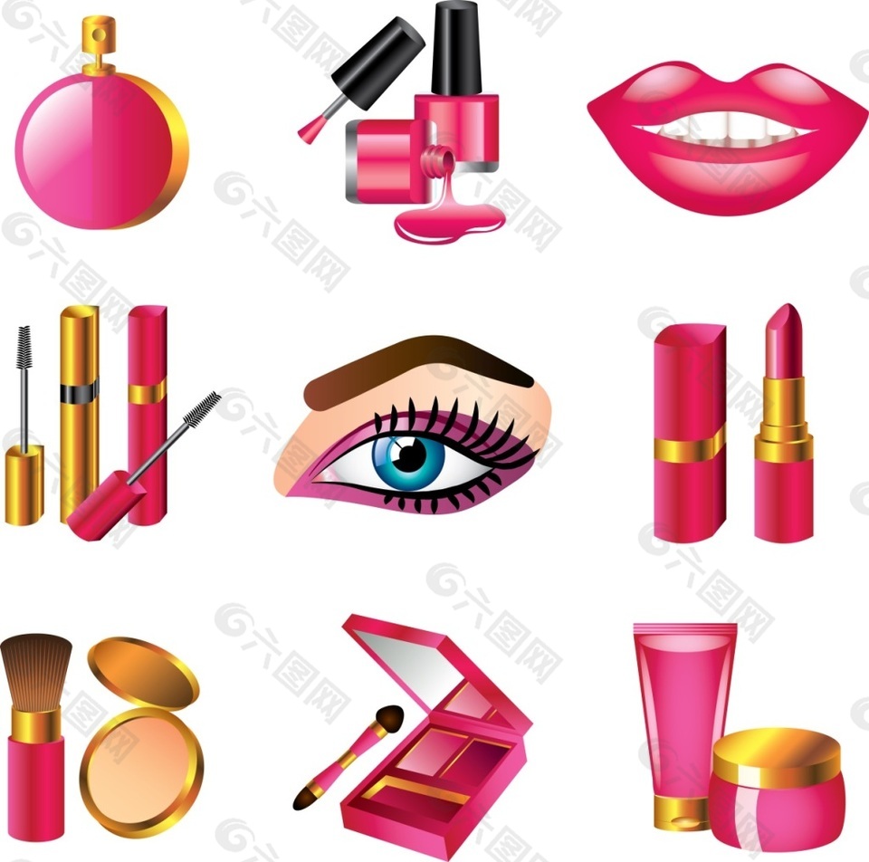 女人美容化妆相关各种化妆品矢量素材