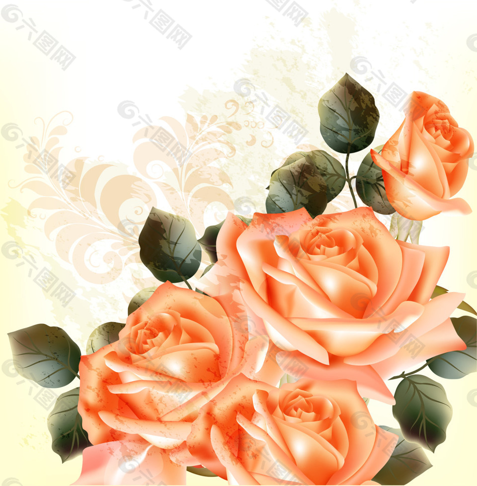 橘色玫瑰花卡通矢量花朵背景素材