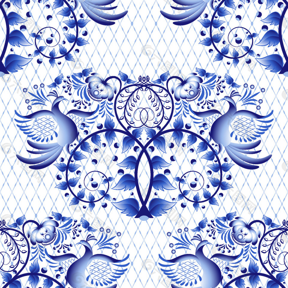 蓝色复古青花瓷纹样矢量素材
