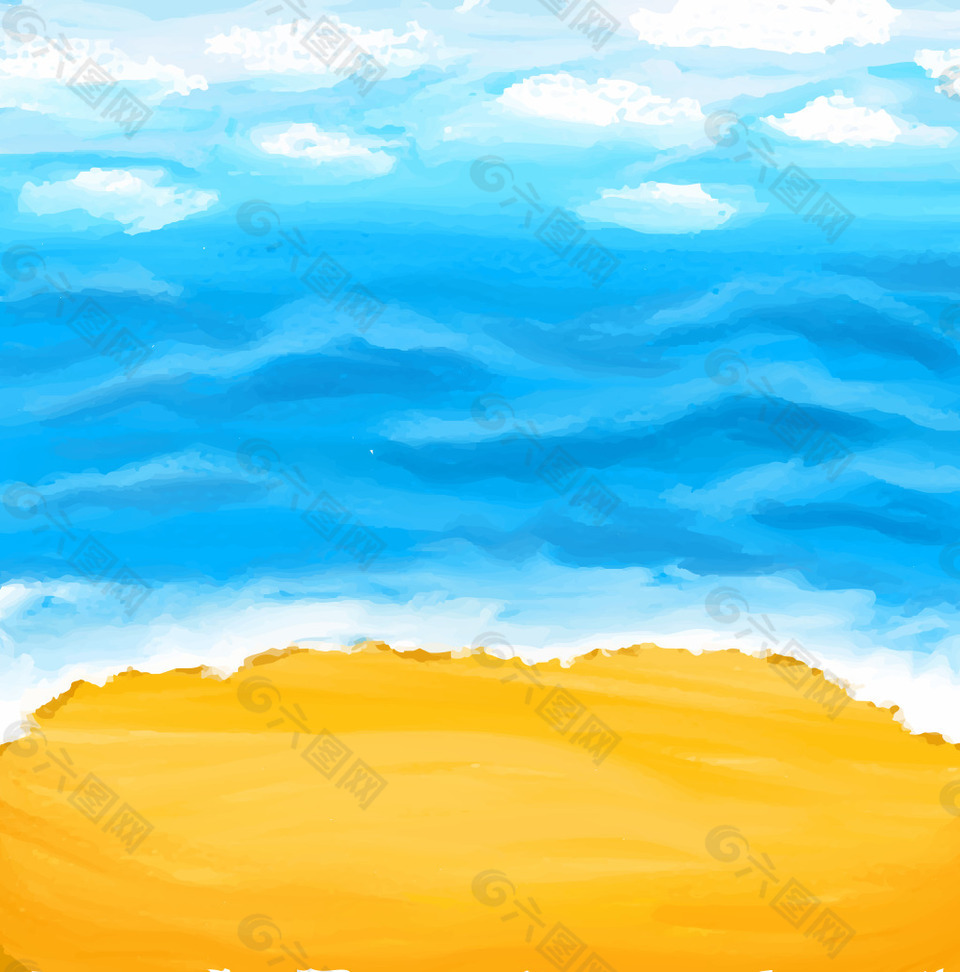 矢量水彩蓝天海洋沙滩背景