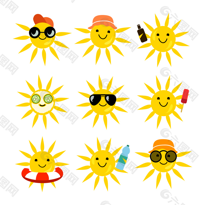 9款可爱黄色太阳设计矢量