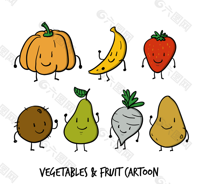 7款彩绘可爱蔬菜和水果矢量