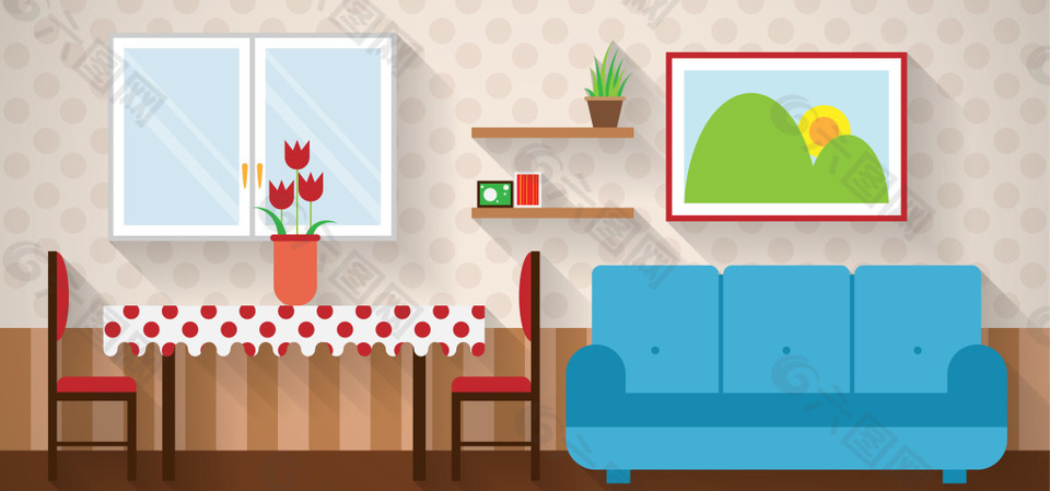 矢量整洁客厅卡通沙发桌椅窗户照片海报