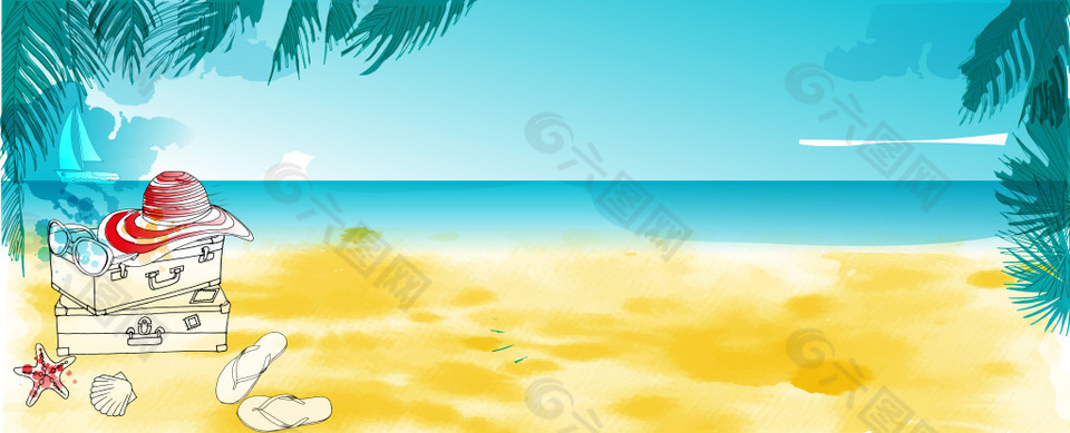 沙滩度假海边卡通海报背景
