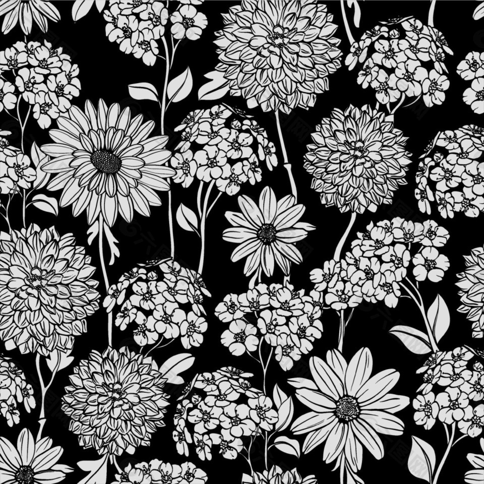 手绘黑白植物花卉面料背景图案简约休闲风