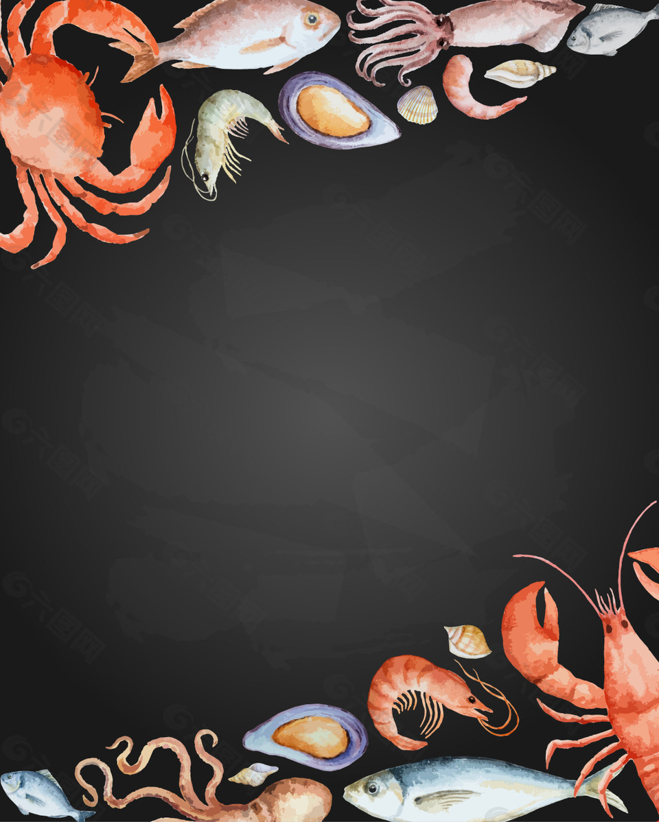 矢量水彩手绘海鲜食品背景