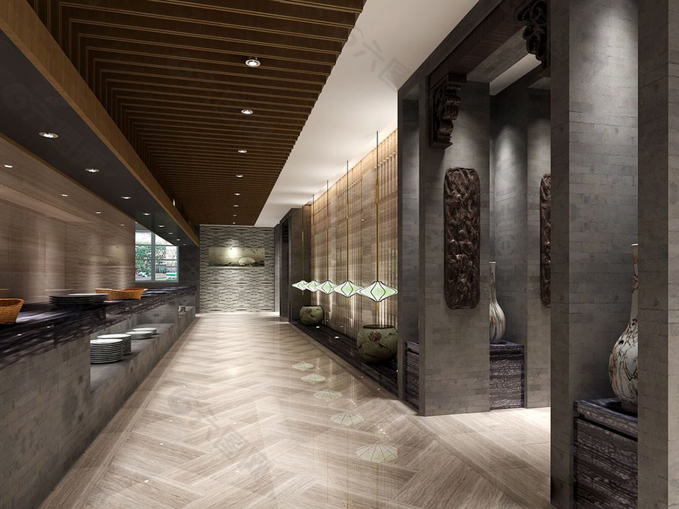 现代简约风格餐饮空间大厅走廊效果图设计