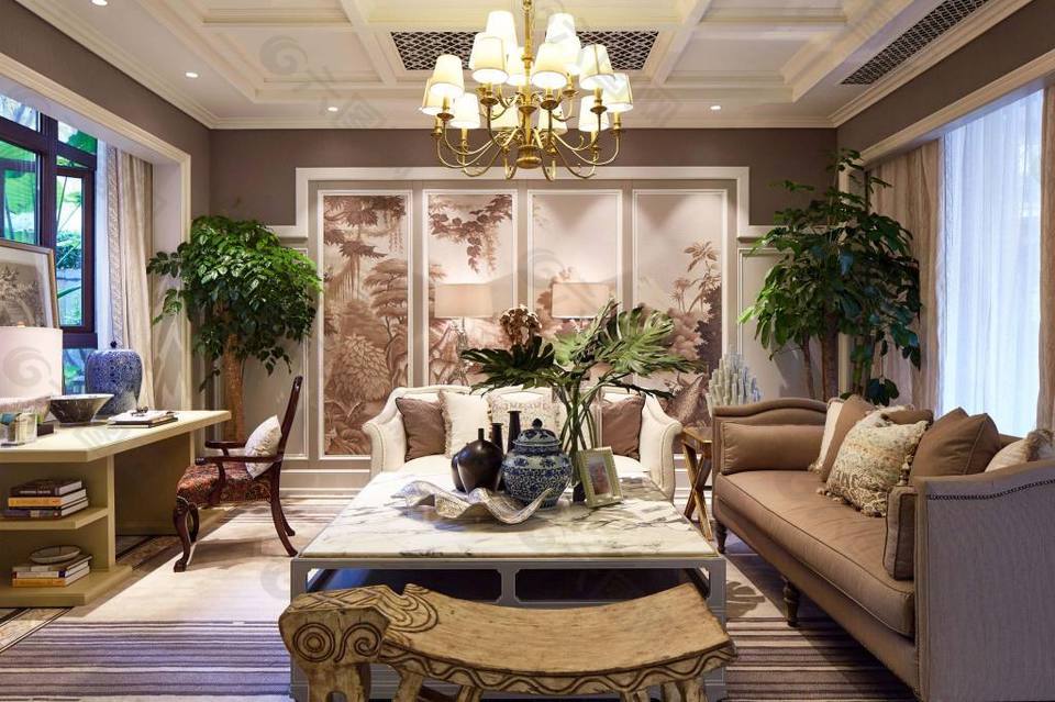大户型实木古典素自然素雅会客厅设计风格效果图