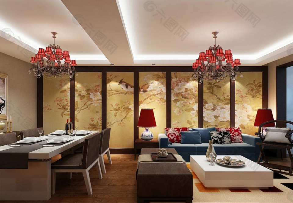 新中式复古风格家装客厅效果图设计
