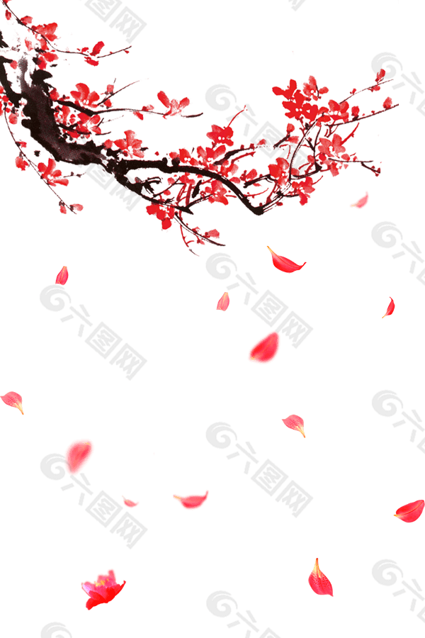 古风红色梅花和漂落的花瓣