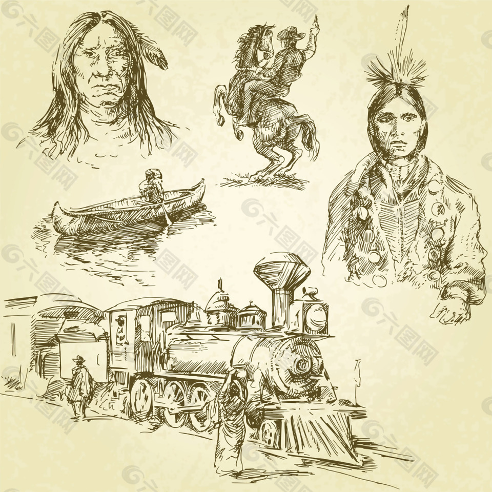 火车土著人像铅笔画素描素材