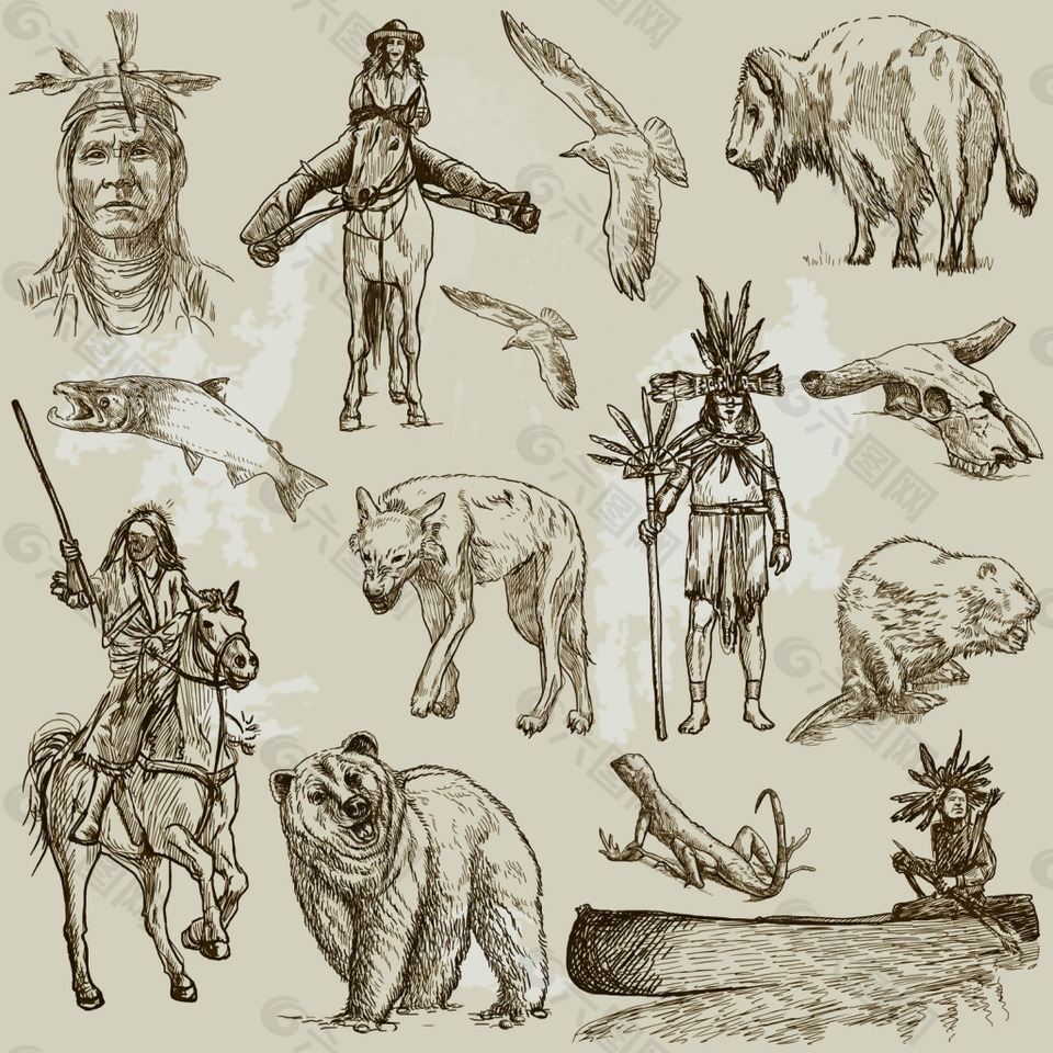 打猎土著人像铅笔画素描素材