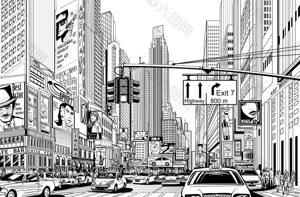 黑白手绘城市场景插画