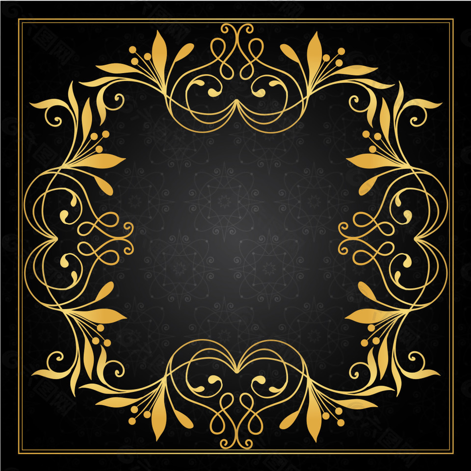 矢量金色欧式花纹边框黑底背景素材