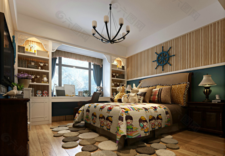 简约美式木色调卧室装修效果图