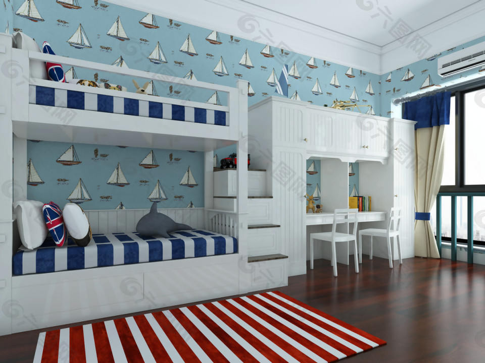 美式蓝色海军风儿童房装修效果图
