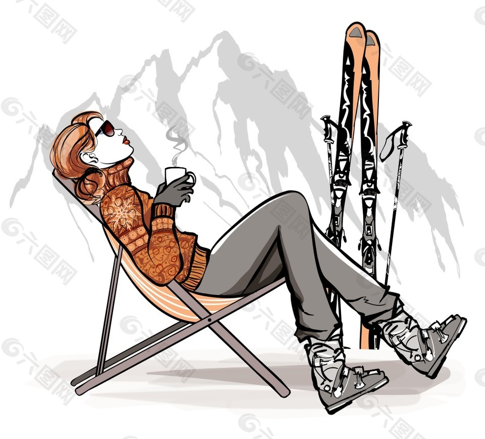 手绘滑雪人物插画