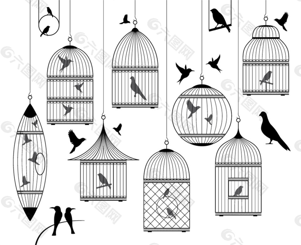 黑白鸟笼和鸟矢量素材