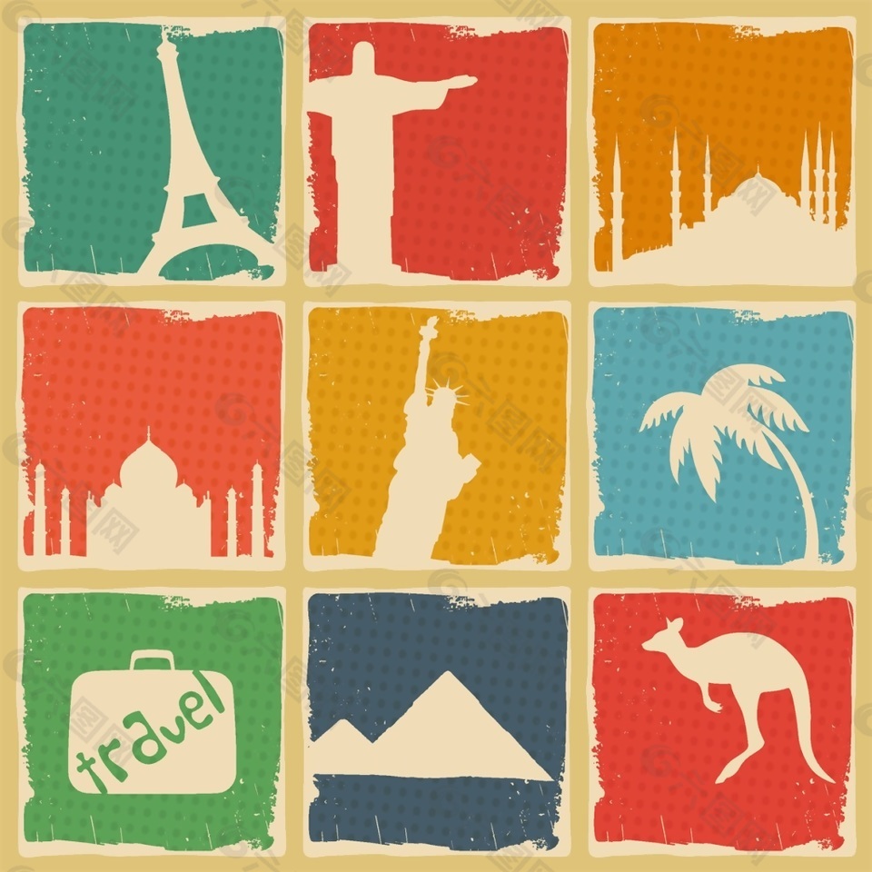 彩色各国旅游建筑动物矢量素材
