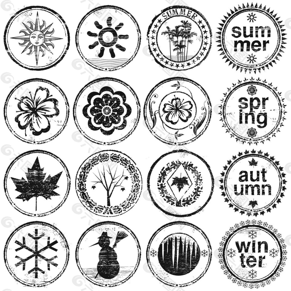 黑白四季景致天气邮票标签矢量素材