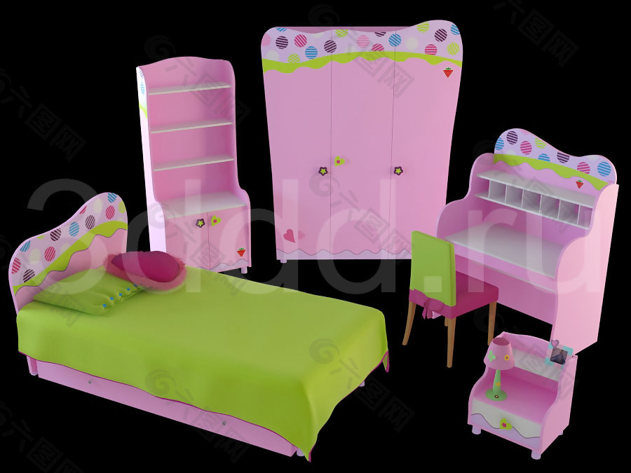 粉色儿童床家具组合