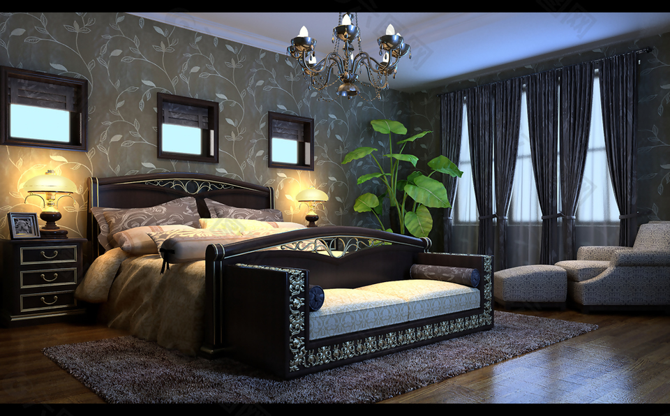 欧式暗色系卧室模型