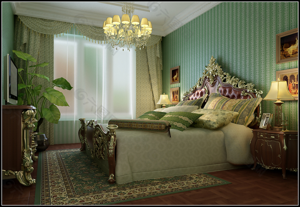 欧式风格卧室绿色模型