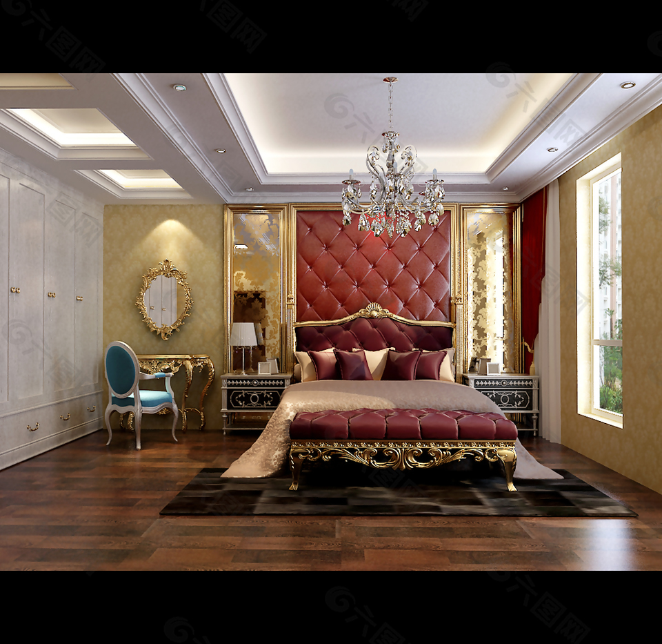 欧式室内红色卧室模型