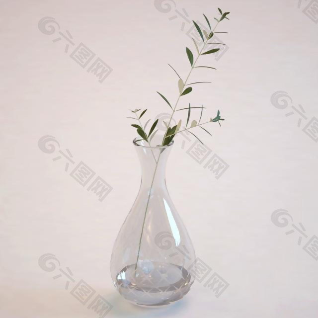 透明插绿叶花瓶模型