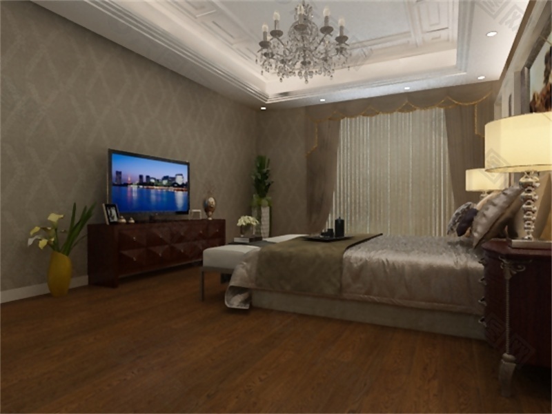 棕黄色地板卧室效果图3D模型