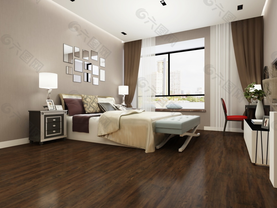 棕黑色木地板卧室效果图