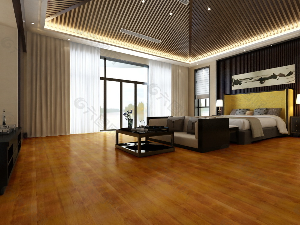 黄色实木地板新中式3d渲染效果图