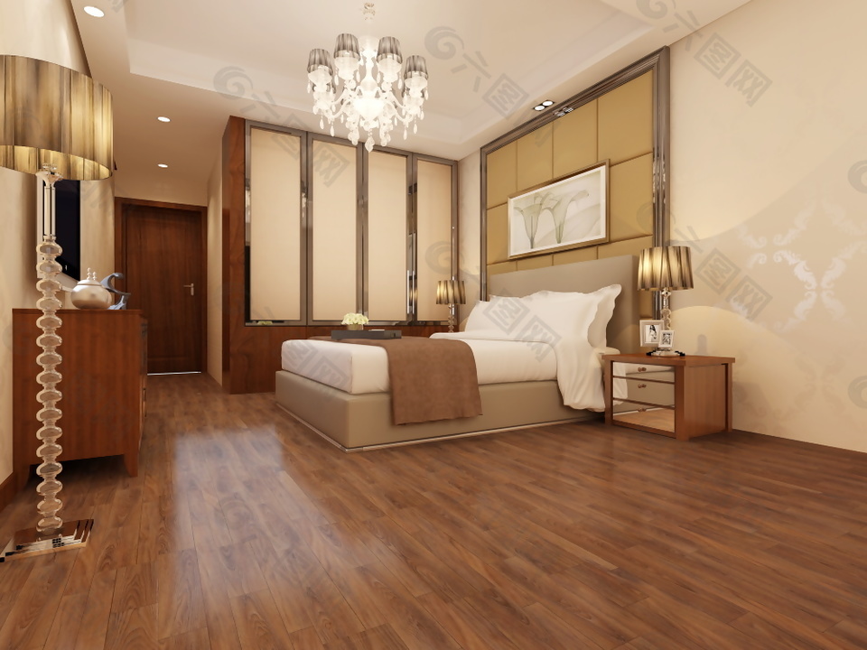 中式卧室强化木板3D渲染