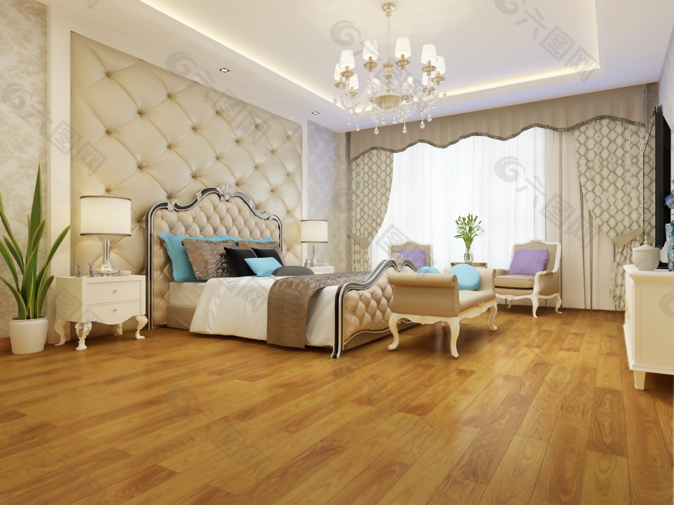 美式风格卧室强化木地板3d渲染图