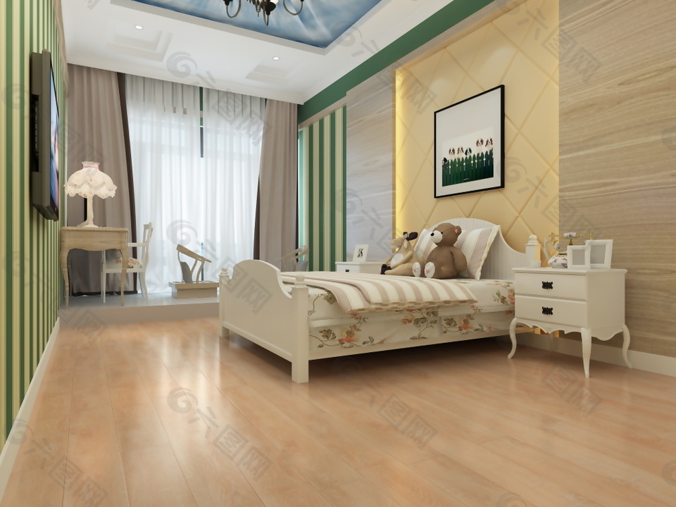 田园风格卧室强化木地板3d渲染图