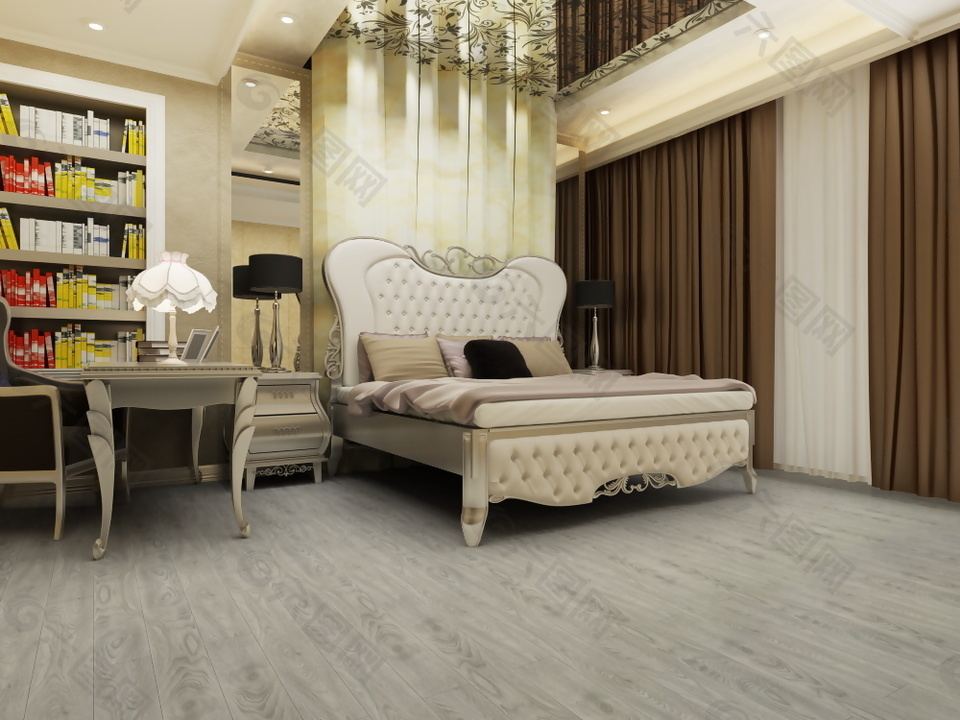 欧式简约风格卧室强化木地板3d渲染图
