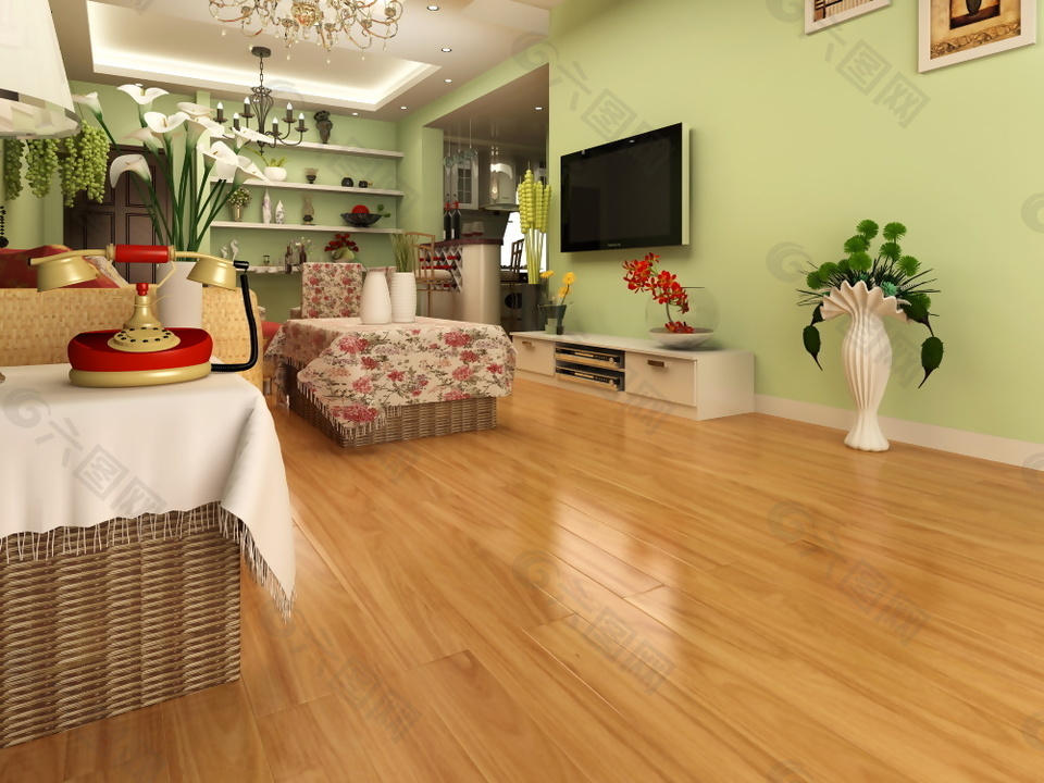 小清新客厅木地板3d渲染图