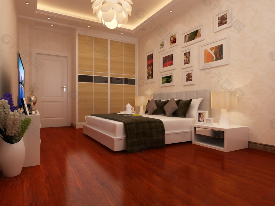 新中式卧室强化木地板3d渲染图装饰装修素材免费下载(图片编号