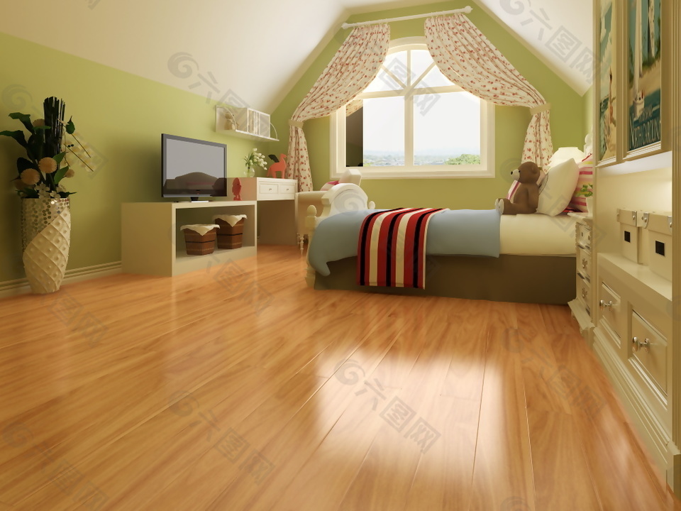 小清新卧室强化木地板3d渲染图