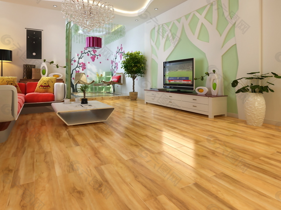 小清新客厅实木木地板3d渲染图